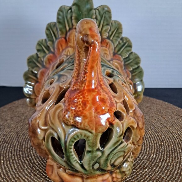 LED Fall Colored Glazed Ceramic Turkey Figurine With Cutouts Thanksgiving Decor - Picture 1 of 12